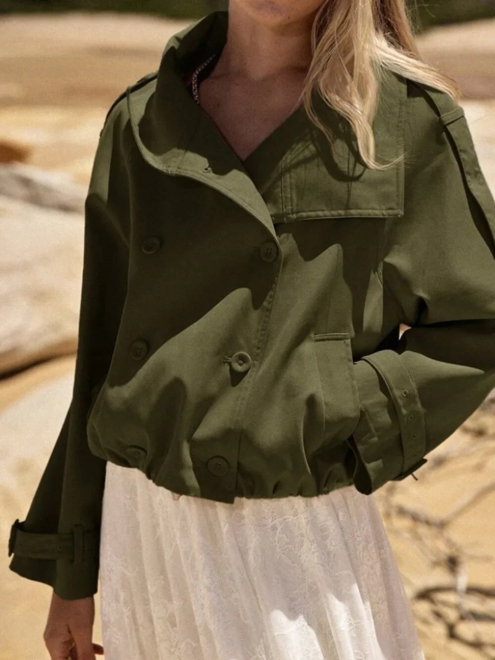 Olive Green Oversized Cropped Trench Jacket with Belted Cuffs